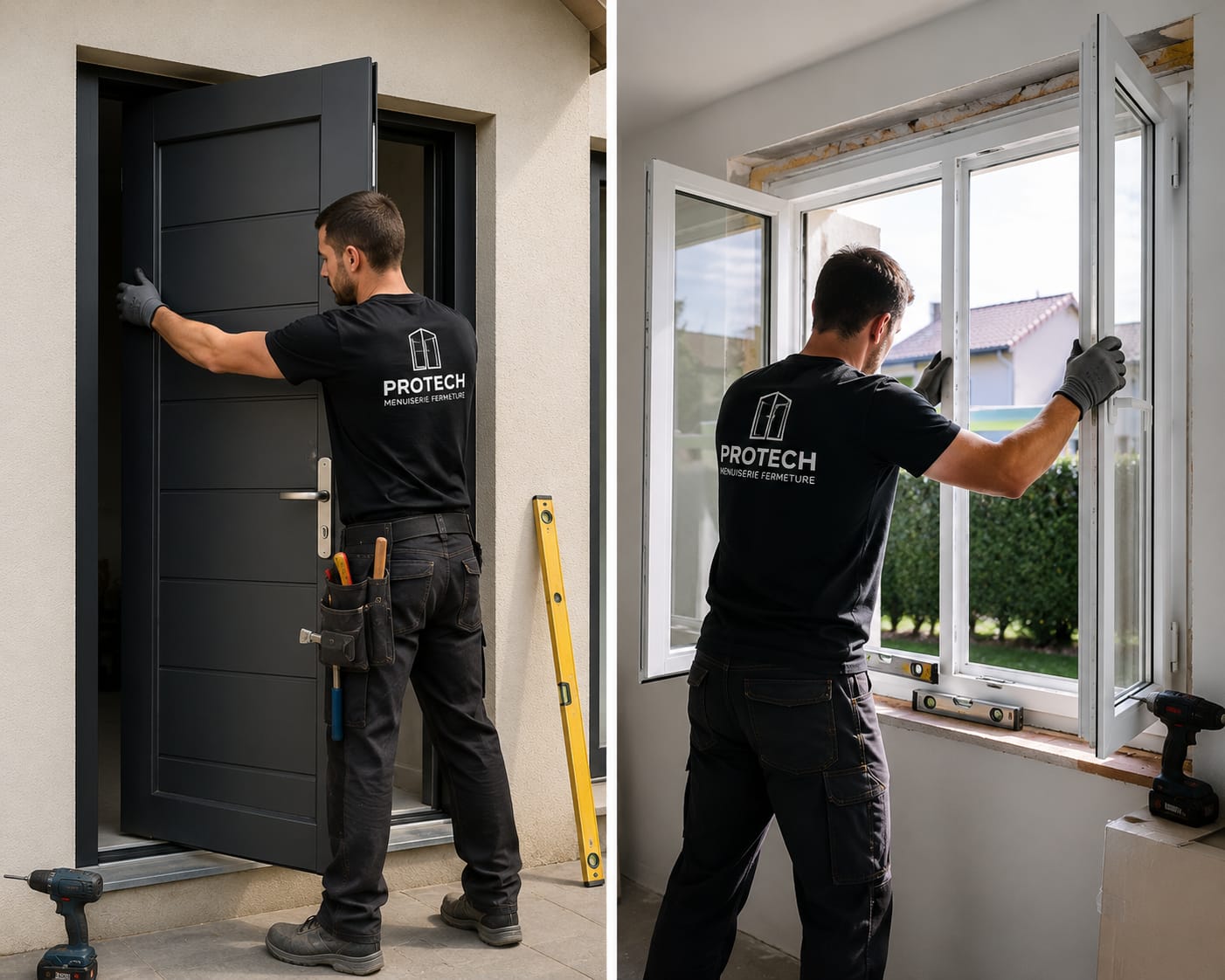 Artisan Protech installant une porte et une fenêtre