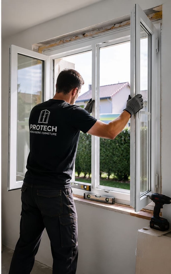 Artisan Protech posant une fenêtre PVC