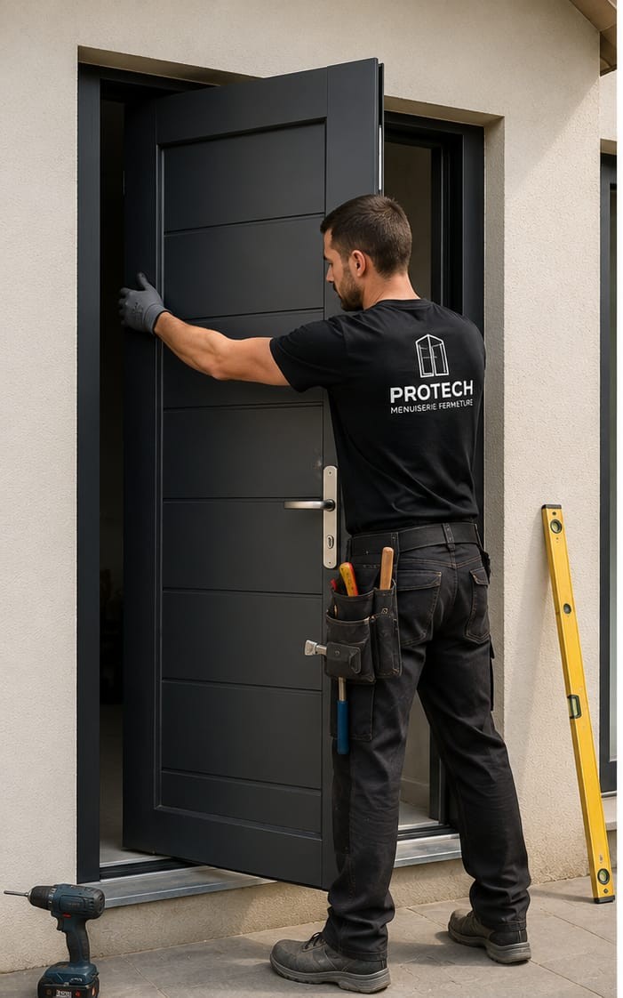 Artisan Protech posant une porte d'entrée